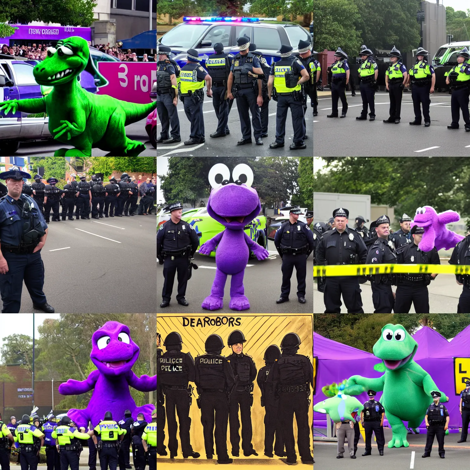 Prompt: barney the dinosaur in the middle of a police line up