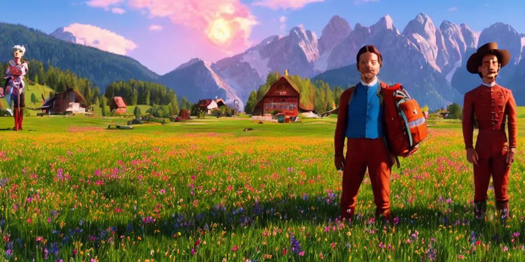 Prompt: a ultra photorealistic and sharp film still of an a sunny and colourful open field in 1 9 0 0 in the middle of the bavarian alps, germany. two colourful highly detailed cyborgs posing in the foreground. wide shot, wes anderson, studio ghibli, pixar and disney animation, octane render, anime key art by greg rutkowski, dramatic lighting, award winning photography