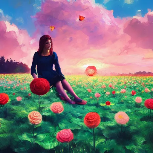 Image similar to giant rose flower head, full body girl sitting in a flower field, surreal photography, sunrise, dramatic light, impressionist painting, colorful clouds, digital painting, artstation, simon stalenhag