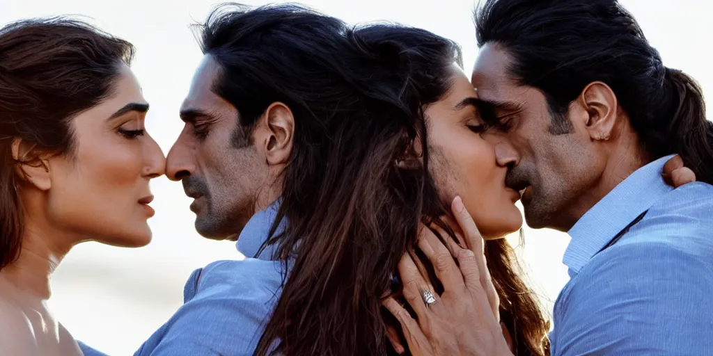 Image similar to closeup of kareena kapoor and arjun rampal kissing, natural lighting, hyper detailed, 1 0 0 mm, photographic, cinematic lighting, studio quality.