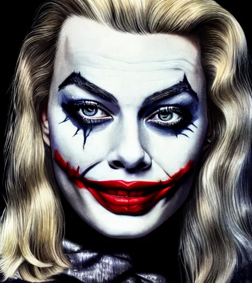 Prompt: margot robbie portrait with joker makeup, pencil drawing, realistic face, beautiful eyes, smiling, hyper realistic, highly detailed