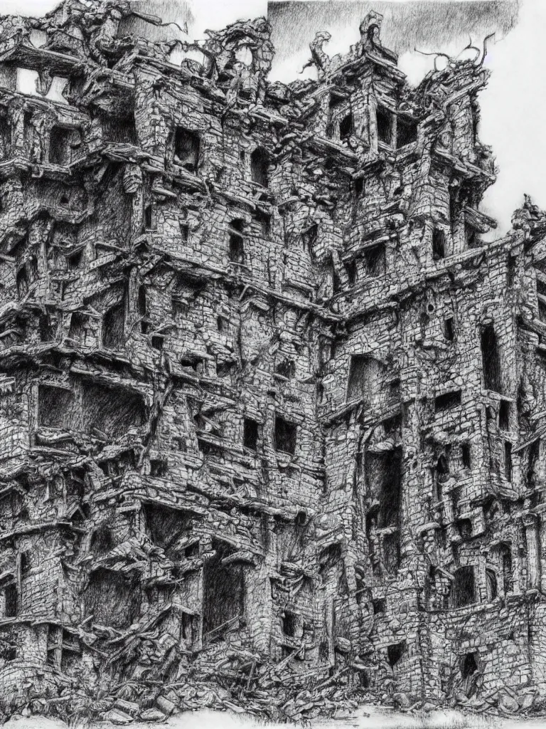 Prompt: A pen drawing of a dilapidated ancient castle building in the wood, by Ler Huang, high detailed