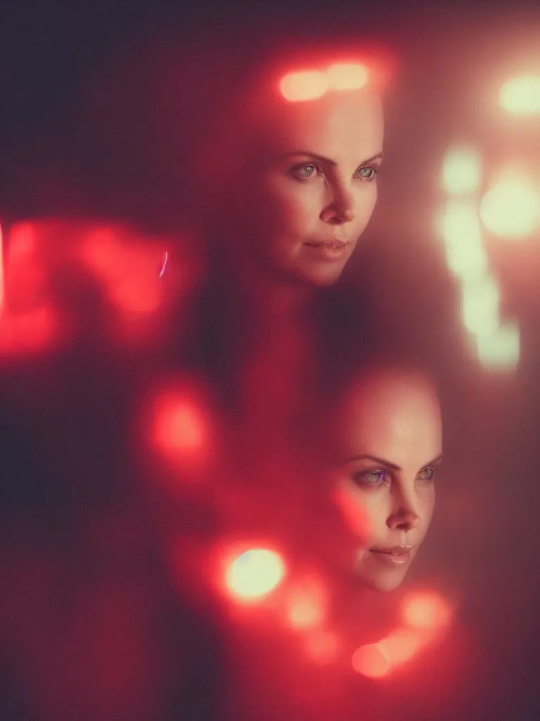 Image similar to hyper realistic portrait of Charlize Theron illuminated by red light , night , 85 mm f1.4 ,