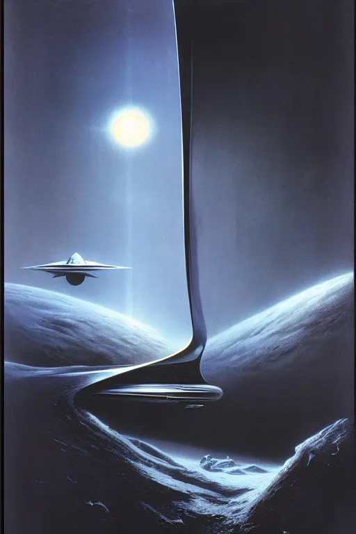 Prompt: emissary space by arthur haas and bruce pennington and john schoenherr, photo realism, zaha hadid, cinematic matte painting, dark monochrome color palate,