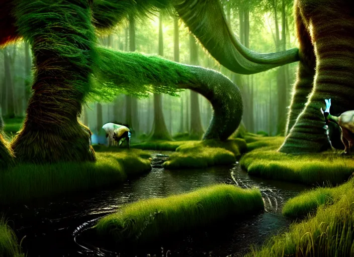 Image similar to hyperrealism, detailed textures, photorealistic 3 d render, a surreal mystical forest with a bright winding creek with a herd of wooly mammoths grazing, ultra realistic cinematic, intricate, cinematic light, concept art, illustration, art station, unreal engine