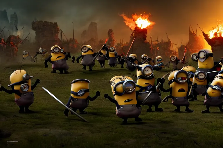 Prompt: diorama of group of minions fighting a group of orcs, setting is bliss wallpaper, realistic, 4 k, detailed, atmospheric, cinematic lighting, octane render, unreal engine render, ray tracing lighting