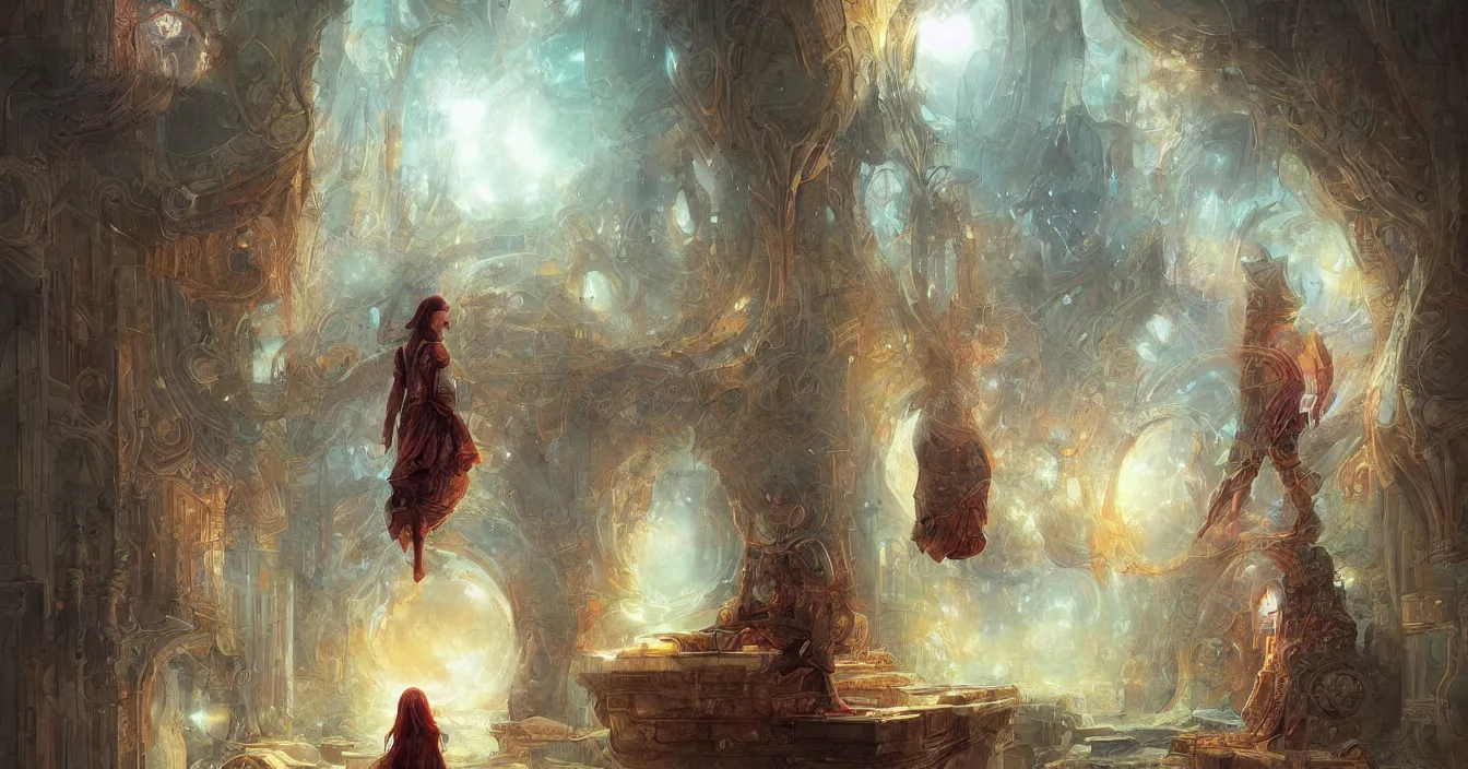 Image similar to Imagination of The point of view of human consciousness from calm space behind mirror into world of physical reality, deep sense of spirituality, life meaning, meaning of physical reality, calm atmosphere, by Marc Simonetti