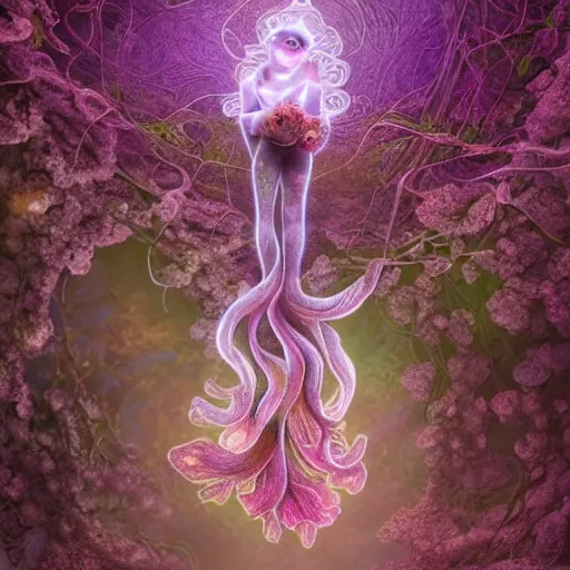 Image similar to glowing delicate flower and mushrooms that grow in a dark fatansy forest on the planet Pandora, an idealistic marble statue with fractal flowery hair in a fractal garden, symmetrical,