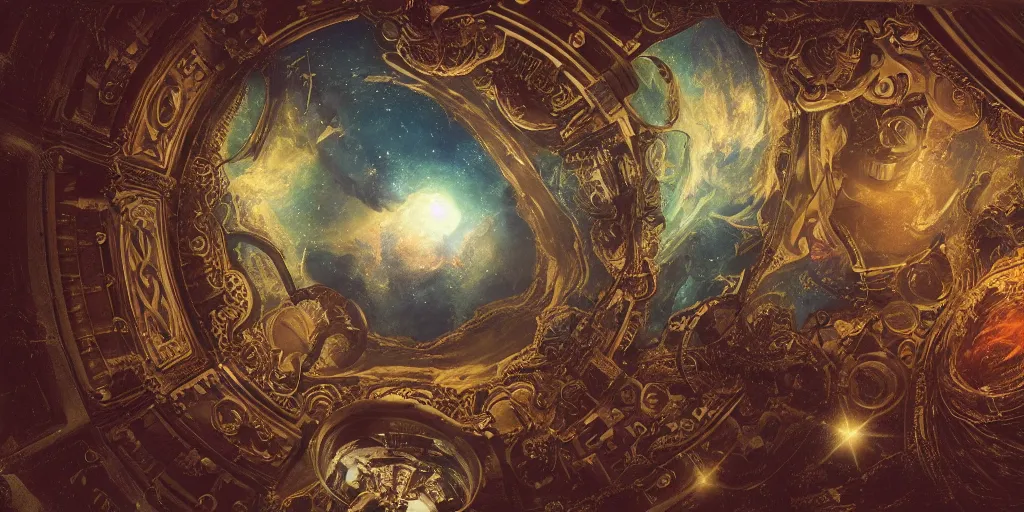 Prompt: opulent baroque steampunk spaceship interior, viewport over a nebula, historical maximalism by miles dulay, hansol lee, eliane roi, daguerreotype