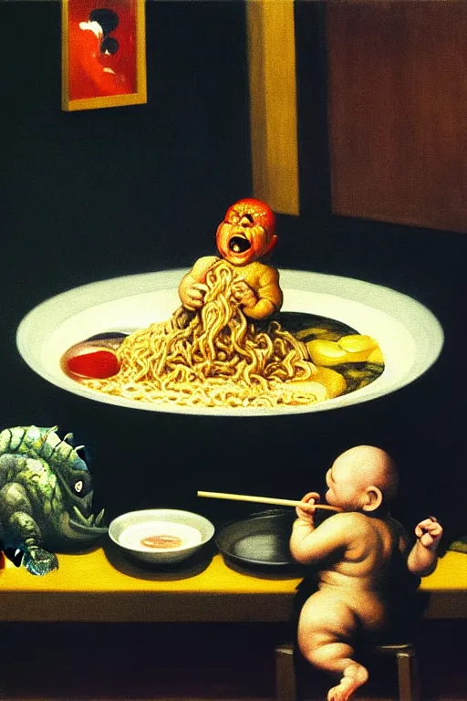 Image similar to evil human giant baby godzilla eating a huge bowl of ramen in new york city, hauntingly surreal, highly detailed painting by francis bacon, edward hopper, adrian ghenie, gerhard richter, and james jean soft light 4 k,