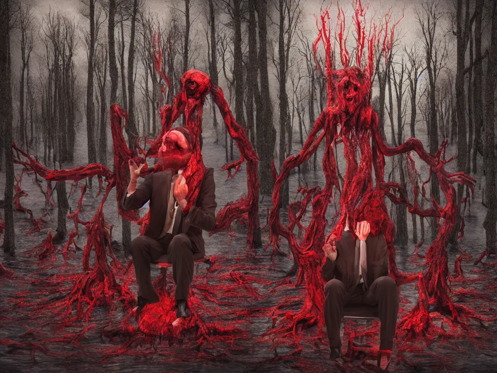 Image similar to a portrait of a man with five heads, twelve arms, sitting on chair made of human limbs, the chair is floating in a lake of blood, around the lake are melting trees, the man's limbs are merging with the trees, digital art, hyperrealistic nightmare scene, supernatural, highly detailed, creepy, terrifying