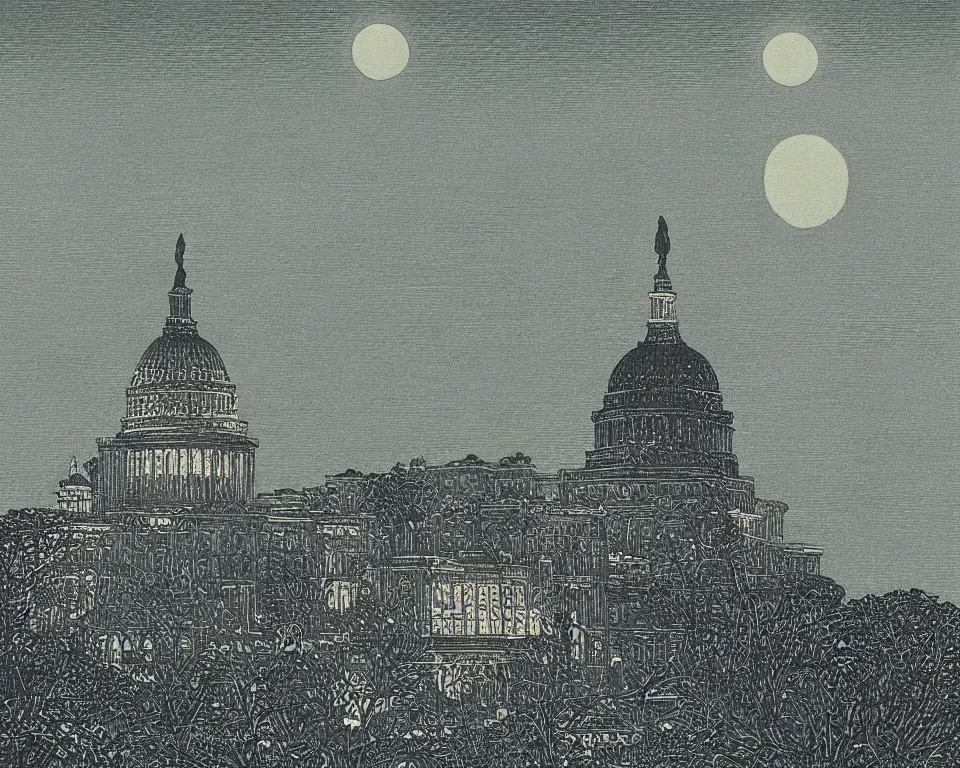 Prompt: beautiful print of the U.S. Capitol bathed in moonlight by Hasui Kawase and Lyonel Feininger.