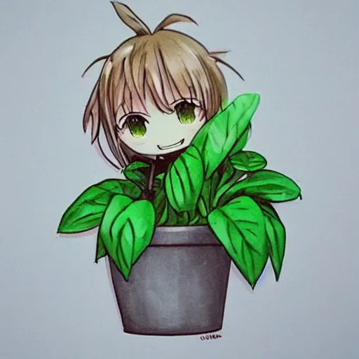 Prompt: cute anime chibi smiling potted houseplant drawn by artgerm