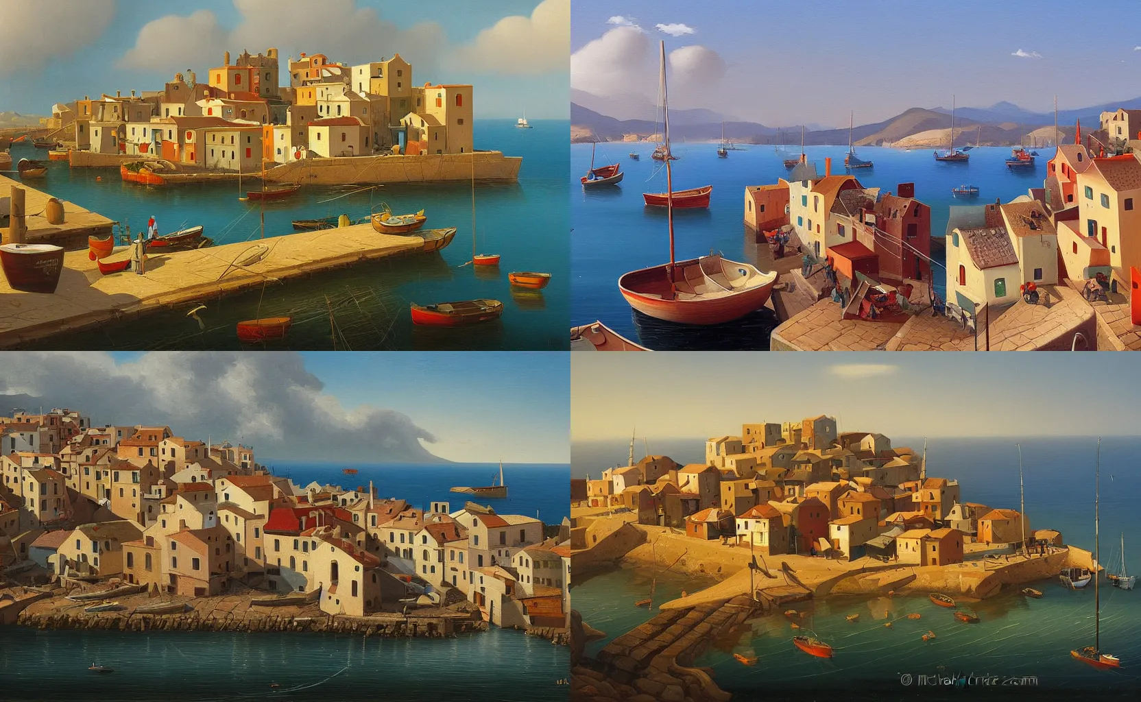 Prompt: A painting of a Mediterranean fishing village by Michiel Schrijver