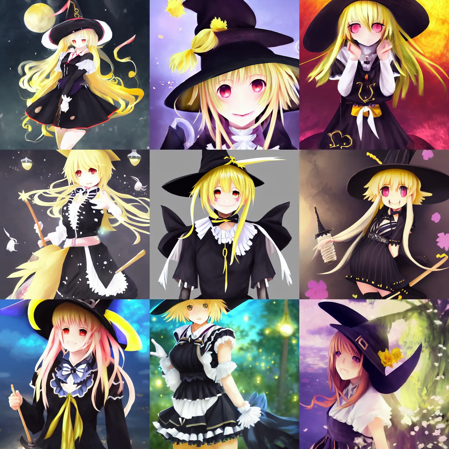 Prompt: pixiv artwork portrait of cute witch marisa kirisame from touhou project, marisa kirisame touhou artwork black black hat hat broom blonde hair ultradetailed sparkling yellow eyes maid dress white apron by greg rutkowski makoto shinkai sakimichan key art 4 k 8 k ultrahd trending award winning