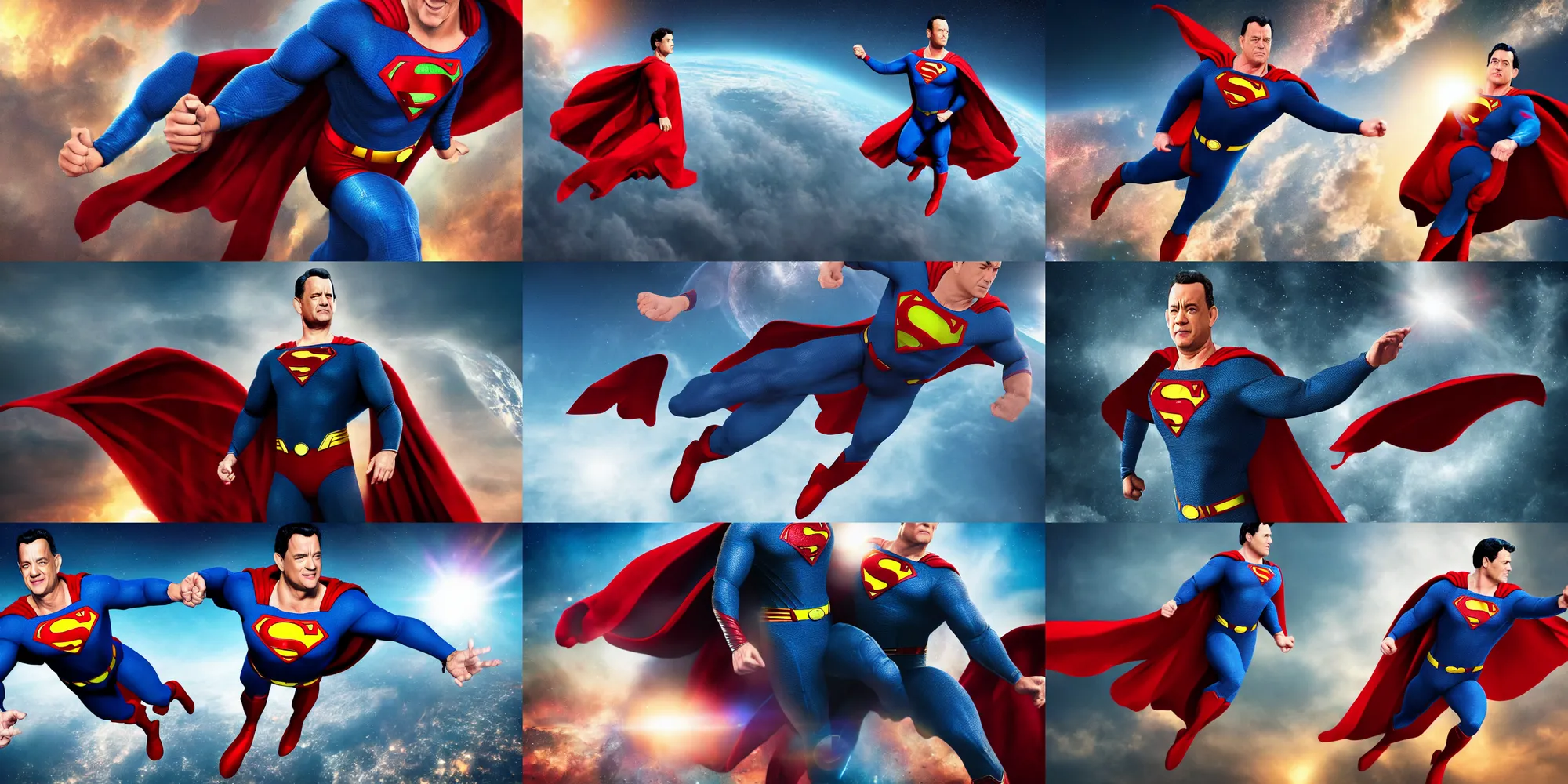 Prompt: tom hanks as superman, carrying the earth through space, epic digital art, cinematic, trending on artstation, superb detail 8 k masterpiece