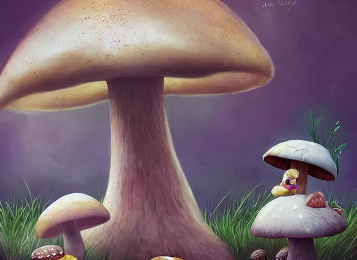 Image similar to a cute creature sitting next to a mushroom concept portrait, detailed, sharp focus, pastel, intricate, realistic, smooth, volumetric lighting, digital painting, by miyazaki