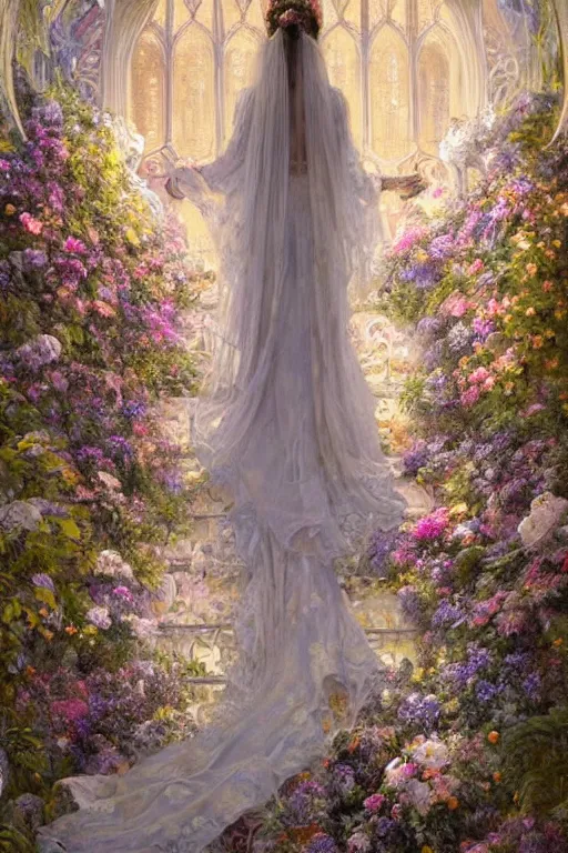 Prompt: breathtaking detailed soft painting of a full body shot of a bride viewed from behind in a long dress of pure light, in a sunlit luxurious flower garden art nouveau cathedral on a wedding day, covered in pastel flowers with golden petals flying, rule of thirds, german romanticism, rembrandt style, elegant, volumetric lighting, highly detailed, artstation, concept art, matte, sharp focus, art by Tom Bagshaw, Alfons Mucha