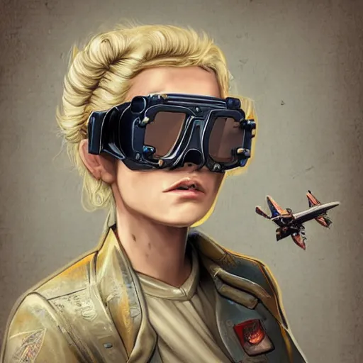 Image similar to highly detailed character concept art of stoic heroic emotionless square-jawed butch blonde tattooed woman engineer looking to side, wearing steampunk goggles and dirty ripped flight suit, on primitive planet, portrait, illustration, pulp sci fi, science fiction