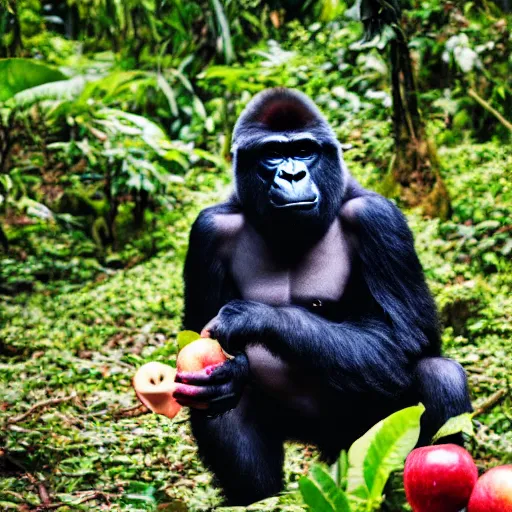 Prompt: a gorilla wearing a top hat and biting into an apple in the rainforest, dslr photo, 60mm