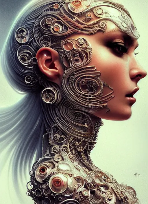 Image similar to a highly detailed photo of very intricate female face full - length portrait, futurism, rococo cyber tattoo lighting, detailed futuristic fibonacci jewelry, profile posing, hyper photorealistic, crispy quality, digital photography, trending in pinterest, cinematic, 4 k ultra hd, art by pascal blanche, art by greg rutkowski, art by artgerm,