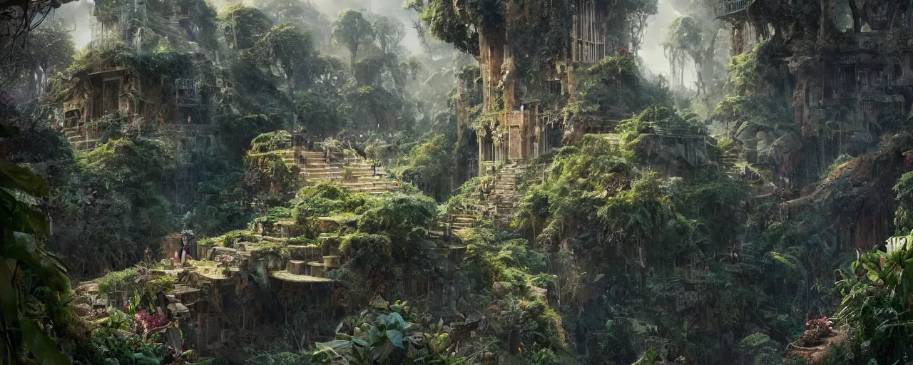 Image similar to beautiful!!!!!!!!!!!! garden at the top of a babylonian ziggurat, eden, jungle, greg rutkowski, chris tulloch mccabe, valentina remenar, asher duran, digital art, concept art, trending on artstation, highly detailed