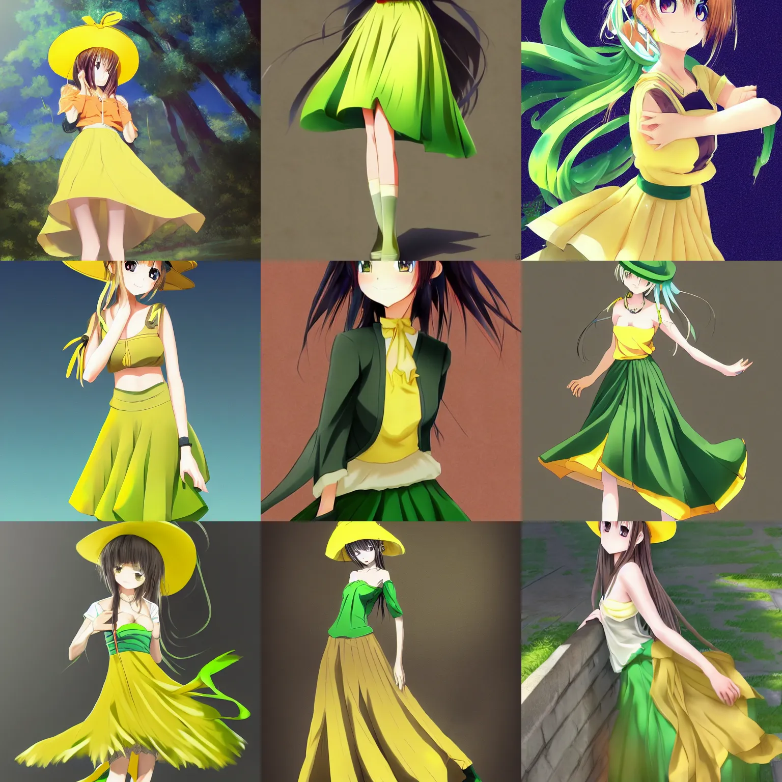 Prompt: beautiful anime girl wearing a long green skirt and a yellow hat, high quality anime art, trending on artstation