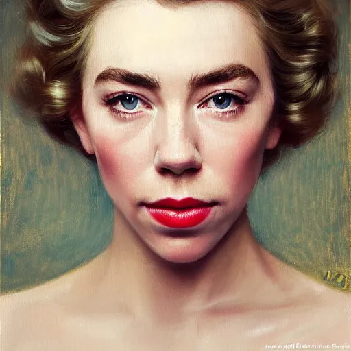 Image similar to vanessa kirby as princess margaret, a beautiful closeup oil painting smooth face, wet lips, perfect eyes, insanely detailed, elegant, by wlop, livia prima, mucha,