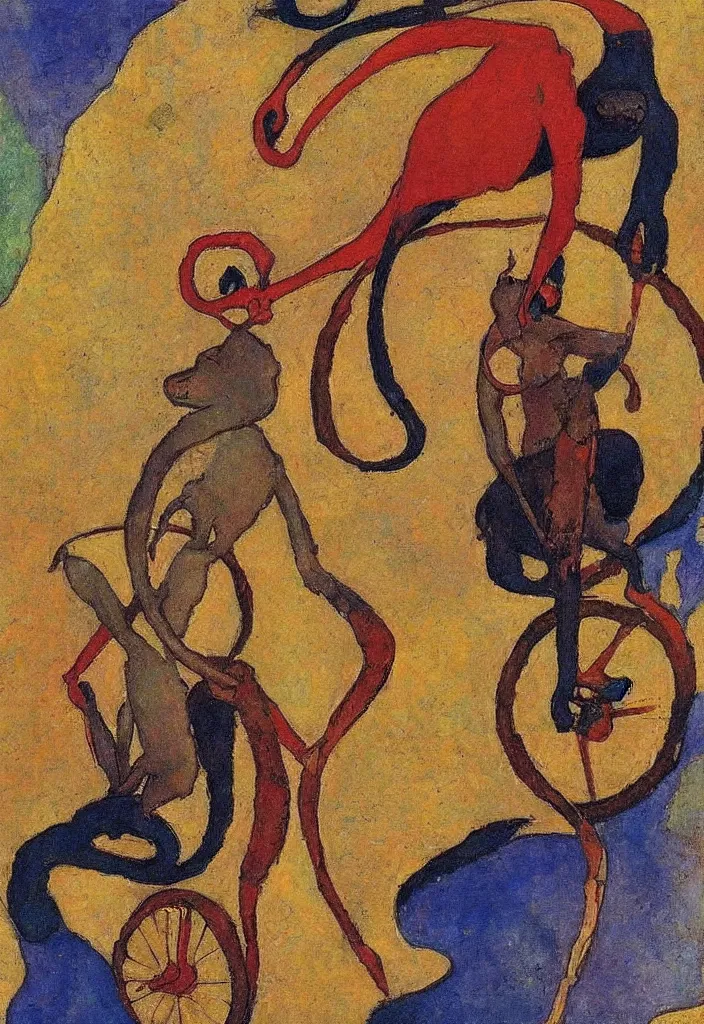 Image similar to a monkey riding a unicycle, Gustav Klimpt, color painterly