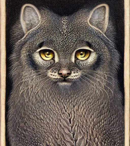 Image similar to detailed realistic beautiful manul portrait by jean delville, gustave dore, iris van herpen and marco mazzoni, art forms of nature by ernst haeckel, art nouveau, symbolist, visionary, gothic, neo - gothic, pre - raphaelite, fractal lace, intricate alien botanicals, ai biodiversity, surreality, hyperdetailed ultrasharp octane render