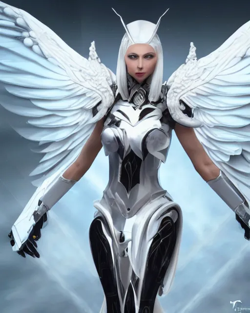 Image similar to perfect white haired attractive egyptian goddess with huge white dove wings, warframe armor, beautiful, symmetric, charlize theron, half asian, pretty face, blue eyes, cyborg, scifi platform, laboratory, experiment, 4 k, ultra realistic, epic lighting, android body, illuminated, cinematic, masterpiece, art by akihito tsukushi, voidstar