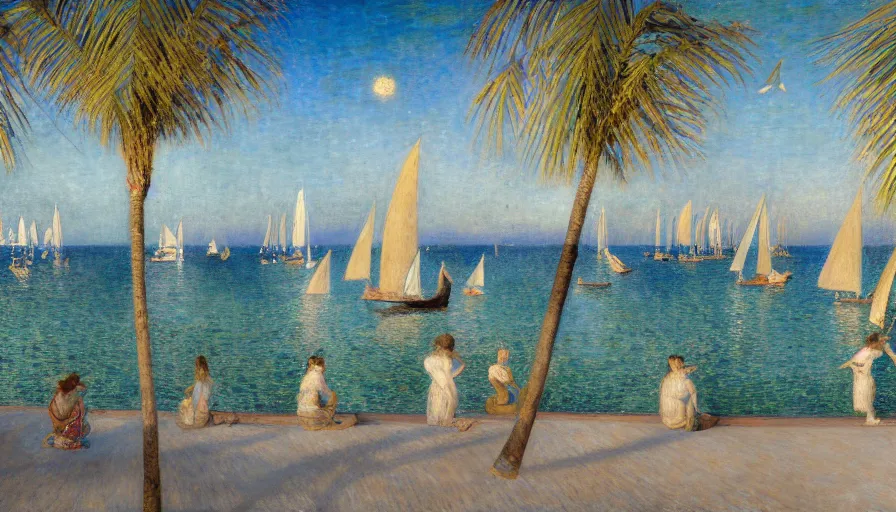 Image similar to a ultradetailed beautiful painting of the night sky of the amazonas pool palace balustrade designed by jules bastien - lepage, tarsila do amaral, frank weston and gustave baumann, beach, trending on artstation, mediterranean, palm trees, sharp focus, sail boats, soft light, 8 k 4 k