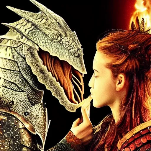 Image similar to A knight kissing a dragon. Detailed amazing wellmade movie still