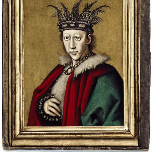 Image similar to a renaissance style portrait of a rooster (Gallus domesticus) wearing a crown and a cape, dark background