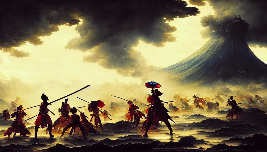 Prompt: baroque oil painting of key visual large epic samurai battle, rain, brutalist fantasy, rule of thirds golden ratio, fake detail, trending pixiv fanbox, acrylic palette knife, style of makoto shinkai takashi takeuchi yoshiyuki sadamoto greg rutkowski chiho aoshima