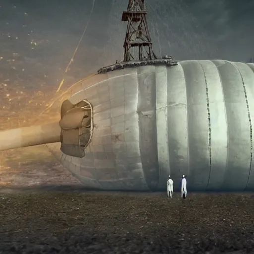 Image similar to hindenburg disaster standing in large shower, 4 k realistic photo