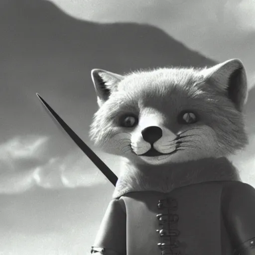 Prompt: anthropomorphic fox!! who is a medieval knight holding a sword towards a stormy thundercloud 1 9 3 0 s film still, castle in the background