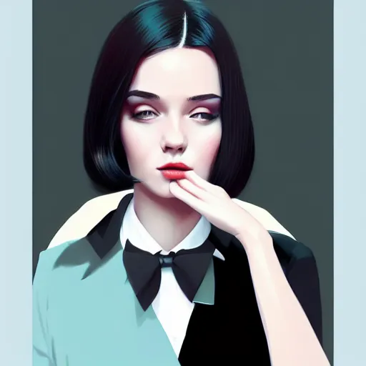 Image similar to young female in black tuxedo, corporate boss, luxury, muted colors, matte print, pastel colors, 2d, ultra highly detailed, smooth, sharp focus, digital art, digital painting, fan art, elegant, artstation, head is centered, by Ilya Kuvshinov