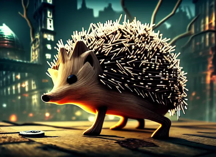 Image similar to intricate hedgehog with nails instead of needles, on the background of a weird magical mechanical forest. Very detailed 8k. Fantasy cyberpunk horror. Sharp. Cinematic post-processing. Unreal engine. Nanite. Ray tracing. Parallax. Tessellation