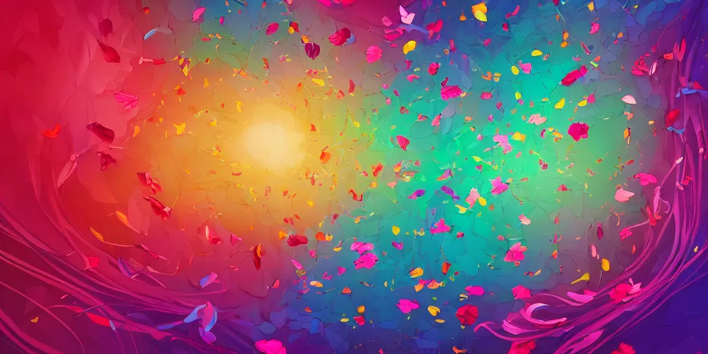 Prompt: background art of spaciously scattered multi colored flower petals flowing through the air from left to right on a clean background, anime, artgerm, manga, trending on artstation, art nouveau