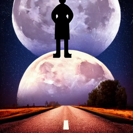 Prompt: movie poster of menacing figure with a cleaver standing in the middle of a road, night, large moon in the sky, by Vasily Barkhatov, excellent composition, dark