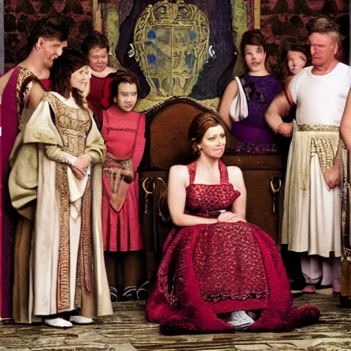 Image similar to Jenna Fischer in Roman queen clothes, sitting on throne, holding court, Norman Rockwell