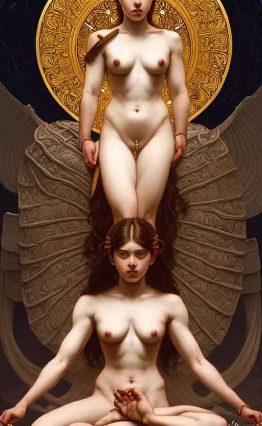 Image similar to symmetry!!!! intensely intricate fanart of full frontal pose of a sensual young goddess of war, protagonist, against an alluring young goddess of the prosperity, antagonist, intricate, elegant, highly detailed, my rendition, digital painting, artstation, concept art, smooth, sharp focus, illustration, art by artgerm and greg rutkowski and alphonse mucha