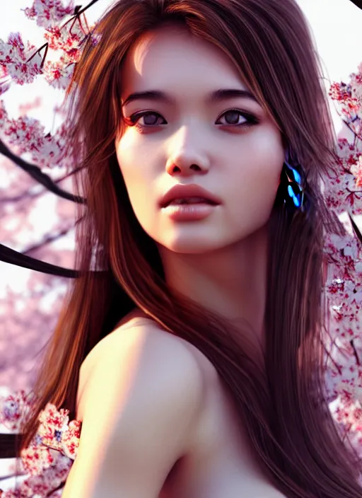 Image similar to photo of a gorgeous female with messy hair in the style of stefan kostic, realistic, body shot, sharp focus, 8 k high definition, insanely detailed, intricate, elegant, art by stanley lau and artgerm, cherry blossoms