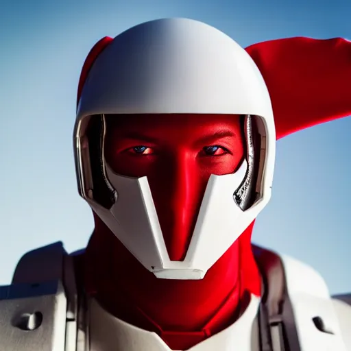 Image similar to headshot of a tall athletic muscular infantry man in glossy sleek white armor with tiny red details and a long red cape, heroic posture, strong jawline, on the surface of mars, night time, dramatic lighting, cinematic, sci-fi, hyperrealistic