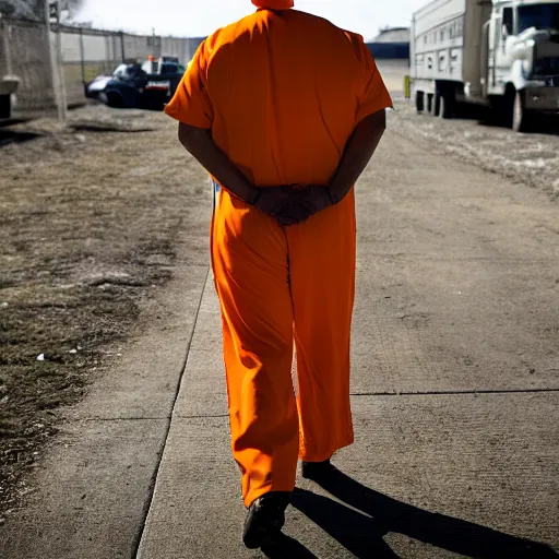 Prompt: photojournalist photo of donald trump!! in orange prison jumpsuit walking in the federal prison yard with other inmates, 3 5 mm f 1. 8