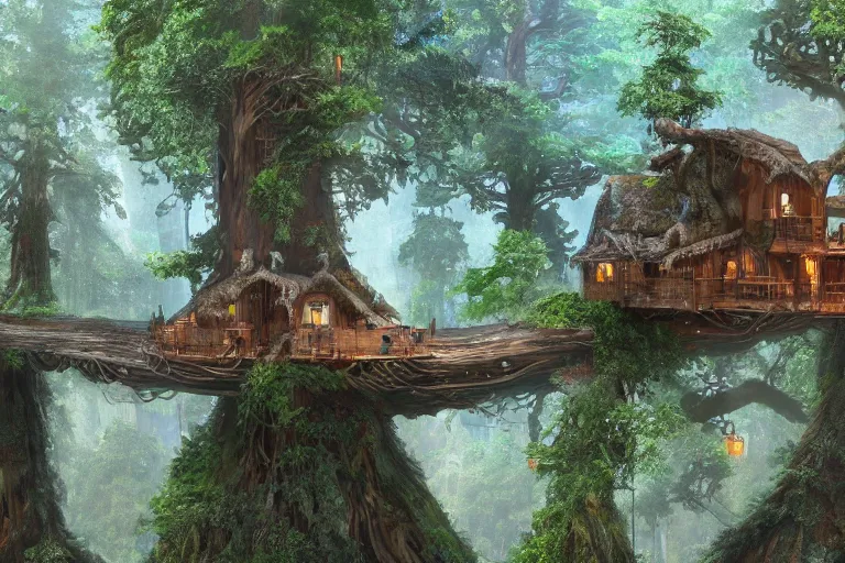 Image similar to various treehouses mounted on giant redwood tree trunks, interconnected by rope bridges, fantasy setting, dense vegetation, very detailed, d & d concept art, 4 k