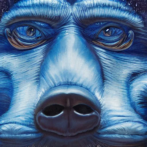 Prompt: blue monkey lying on his back looking up at the stars, oil on canvas, intricate, 8 k highly professionally detailed, hdr, cgsociety