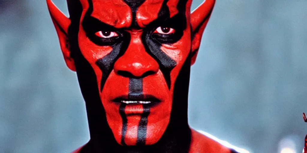 Image similar to a film still of samuel l. jackson starring in a blockbuster film as darth maul from star wars, shallow depth of field, cinematic, award winning cgi, vfx, film still