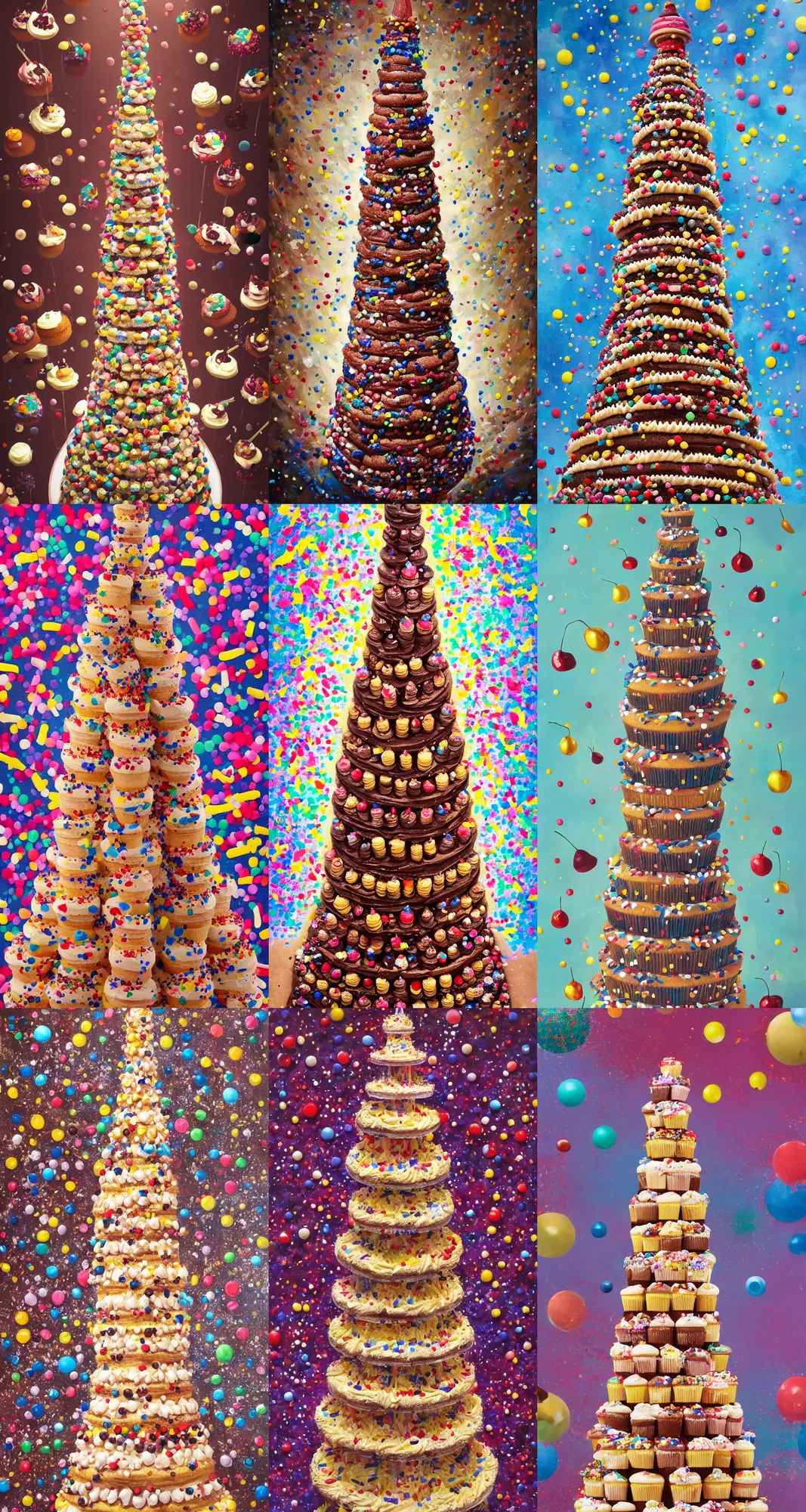 Prompt: a giant tower of cupcakes stacked on top of each other, cream dripping, chocolate everywhere, oil painting, detailed, prismatic, sprinkles and cherries, wide angle, extreme angle, looking up from below tower, extreme perspective
